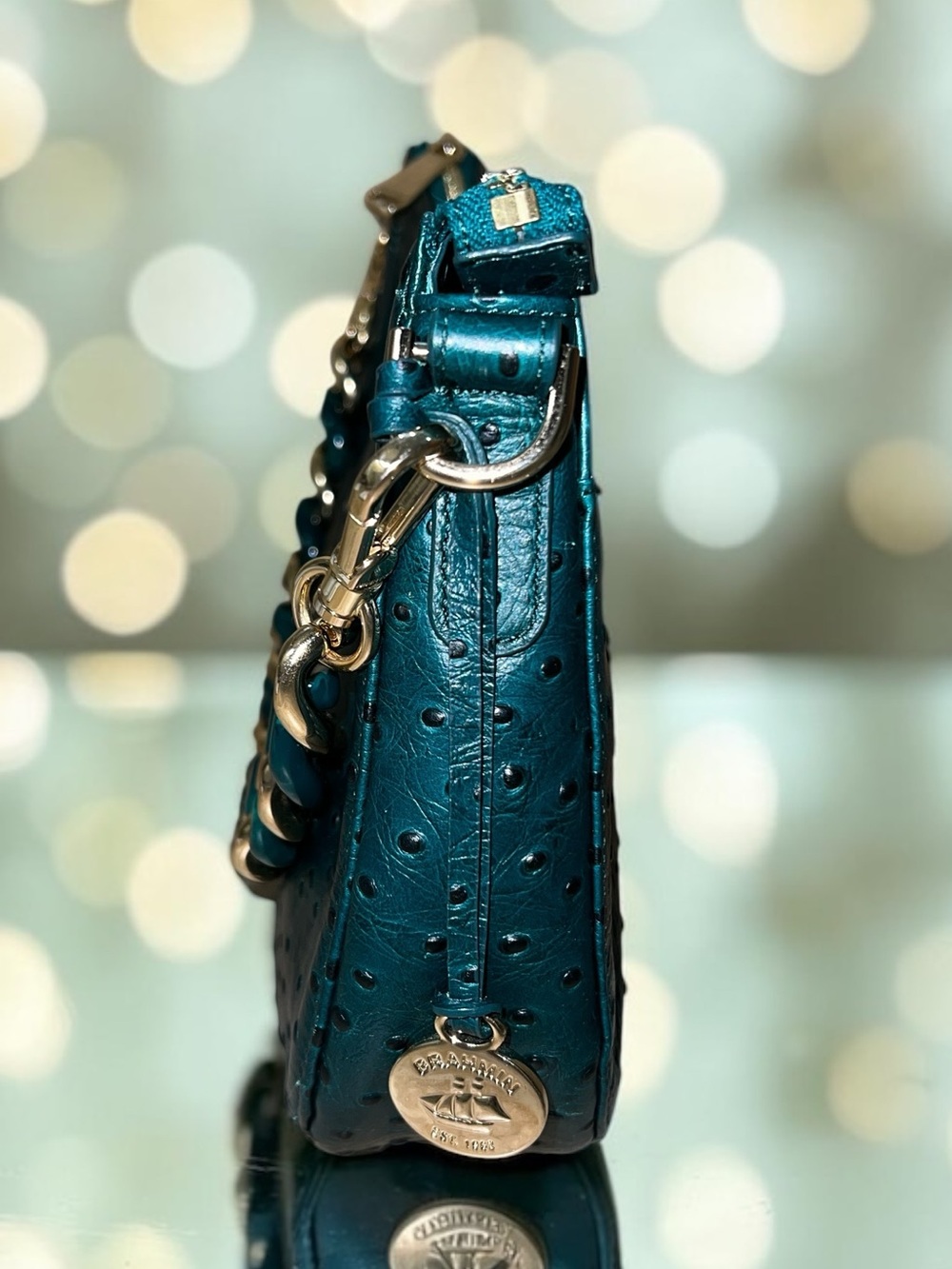 Brahmin Leather Ostrich Embossed MOD SHAYNA Crossbody Bag, Emerald Greenvale - Picture 4 of 8